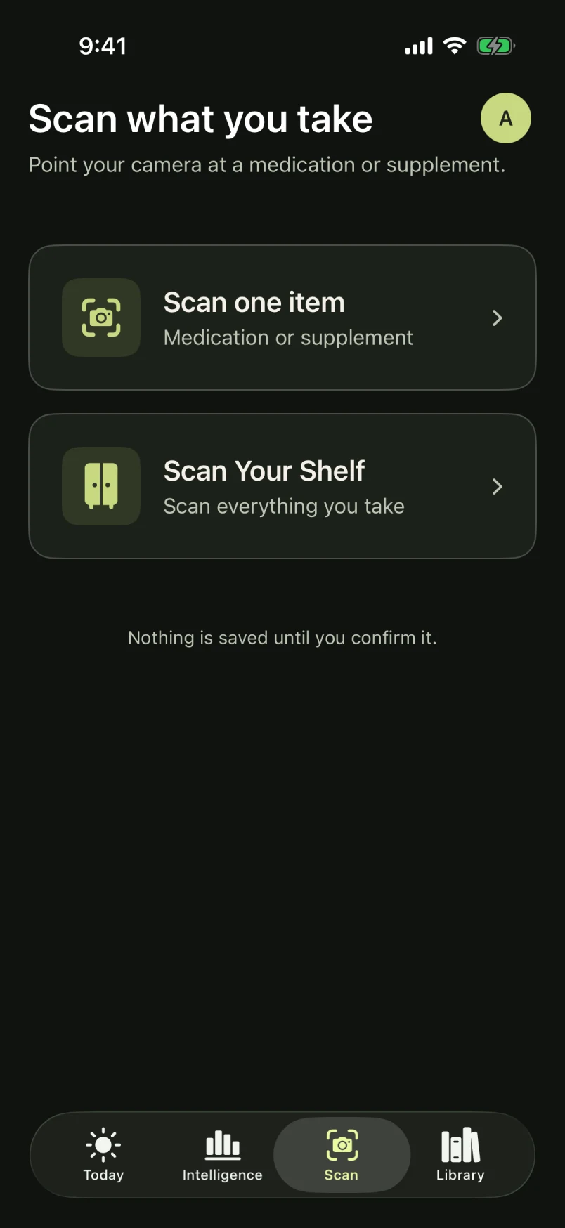 AllTaken Scan screen with options to scan one medication or supplement, or scan your cabinet. Dark appearance.