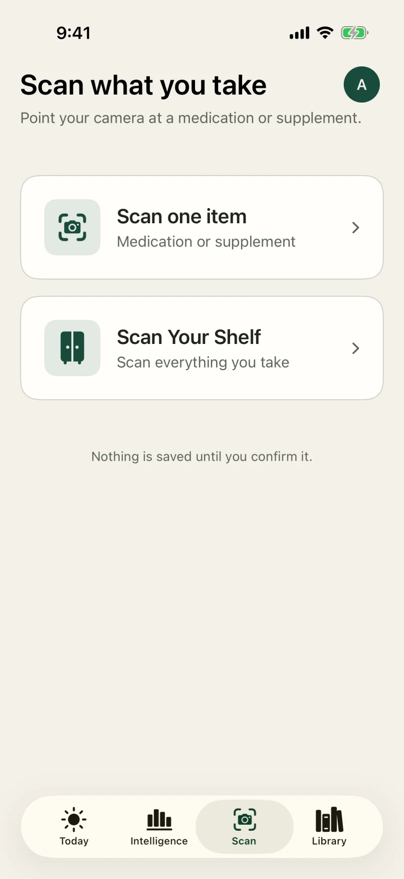 AllTaken Scan screen with options to scan one medication or supplement, or scan your cabinet.