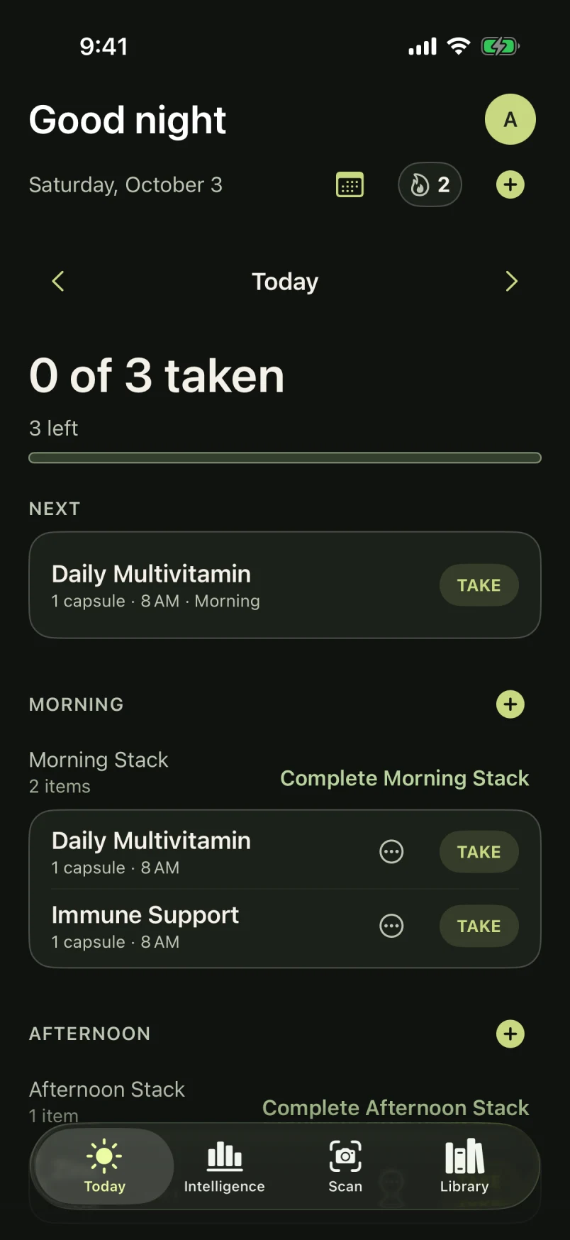 AllTaken Today screen showing a sample daily routine, the next item to take, and a morning stack with logging buttons. Dark appearance.