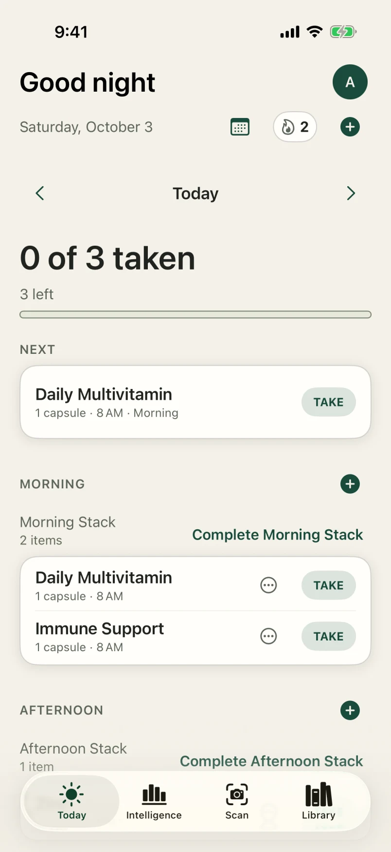 AllTaken Today screen showing a sample daily routine, the next item to take, and a morning stack with logging buttons.