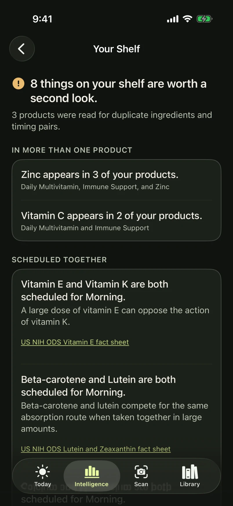 AllTaken Your Shelf screen for a sample shelf of three supplements: zinc appears in 3 of the products and vitamin C in 2, followed by ingredient pairs scheduled together, each with its NIH fact sheet. Dark appearance.