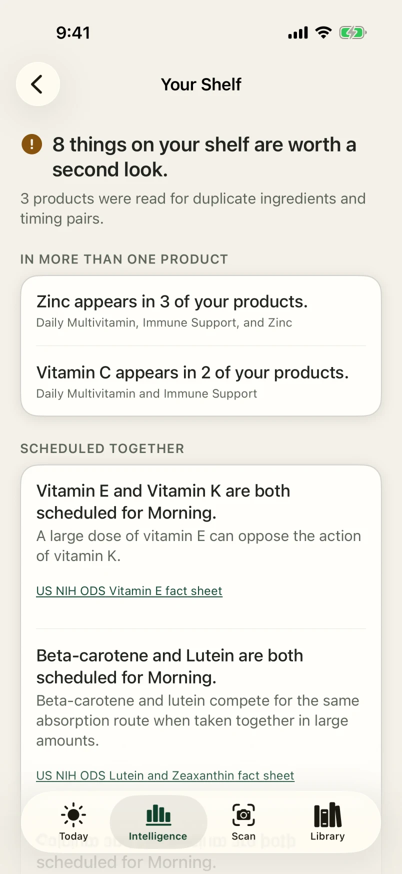 AllTaken Your Shelf screen for a sample shelf of three supplements: zinc appears in 3 of the products and vitamin C in 2, followed by ingredient pairs scheduled together, each with its NIH fact sheet.